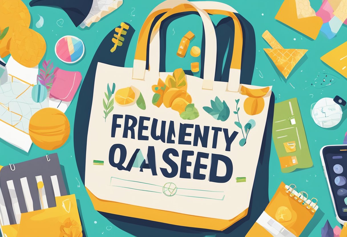 A tote bag with "Frequently Asked Questions" printed on it, surrounded by various custom design elements and a vibrant color palette