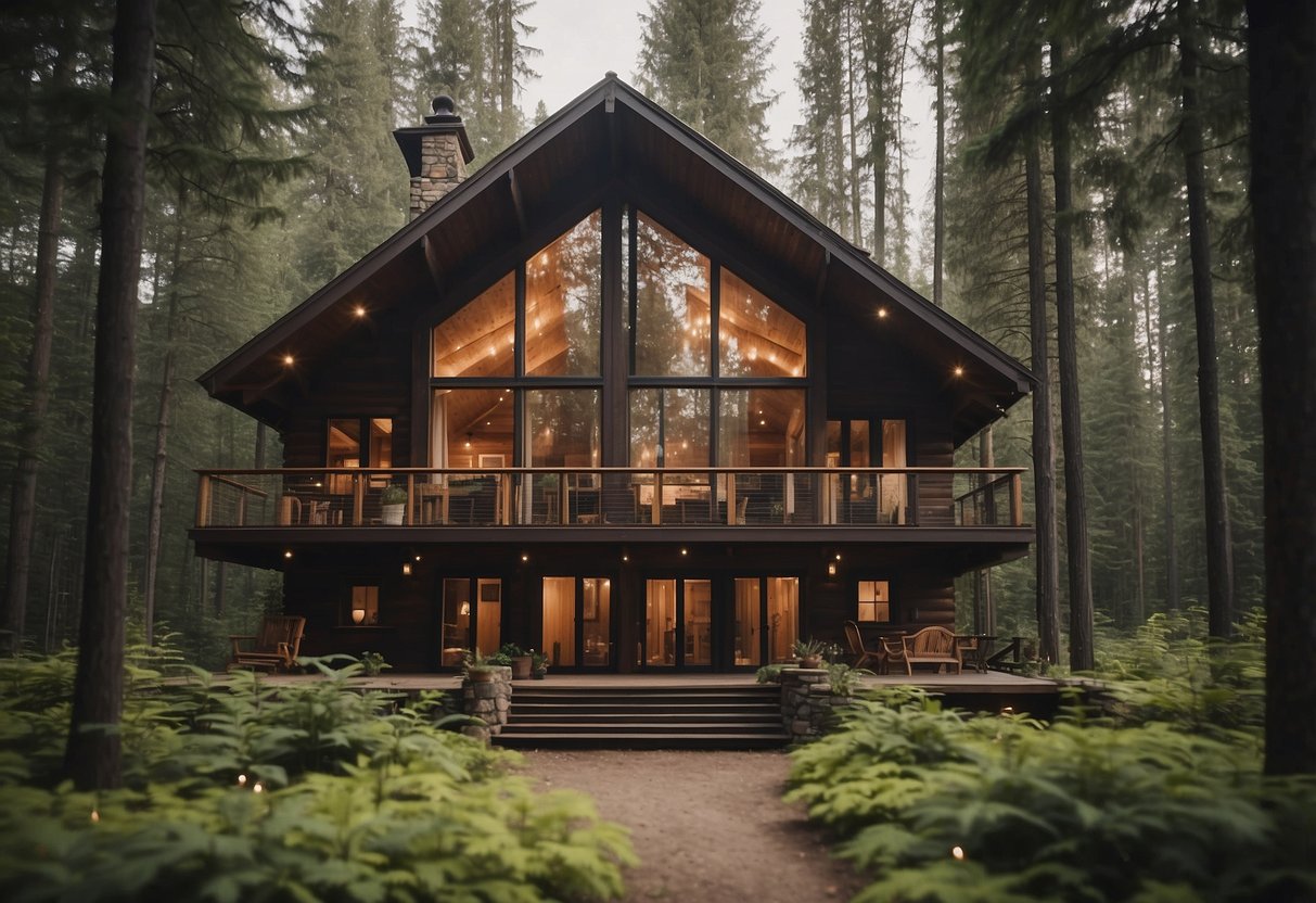 A cozy forest house nestled among tall trees with a rustic, cabin-like exterior and large windows to let in natural light