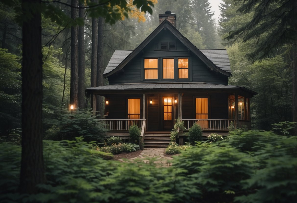 A cozy forest house nestled among tall trees, with a rustic exterior and a welcoming front porch. Smoke rises from the chimney, and a small garden surrounds the house