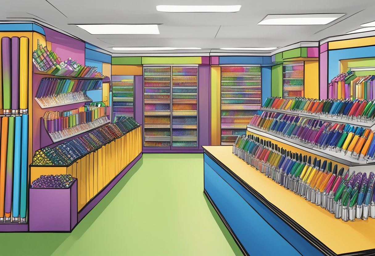 A colorful display of pens and corporate gifts at a gift shop, with a prominent "Frequently Asked Questions" sign