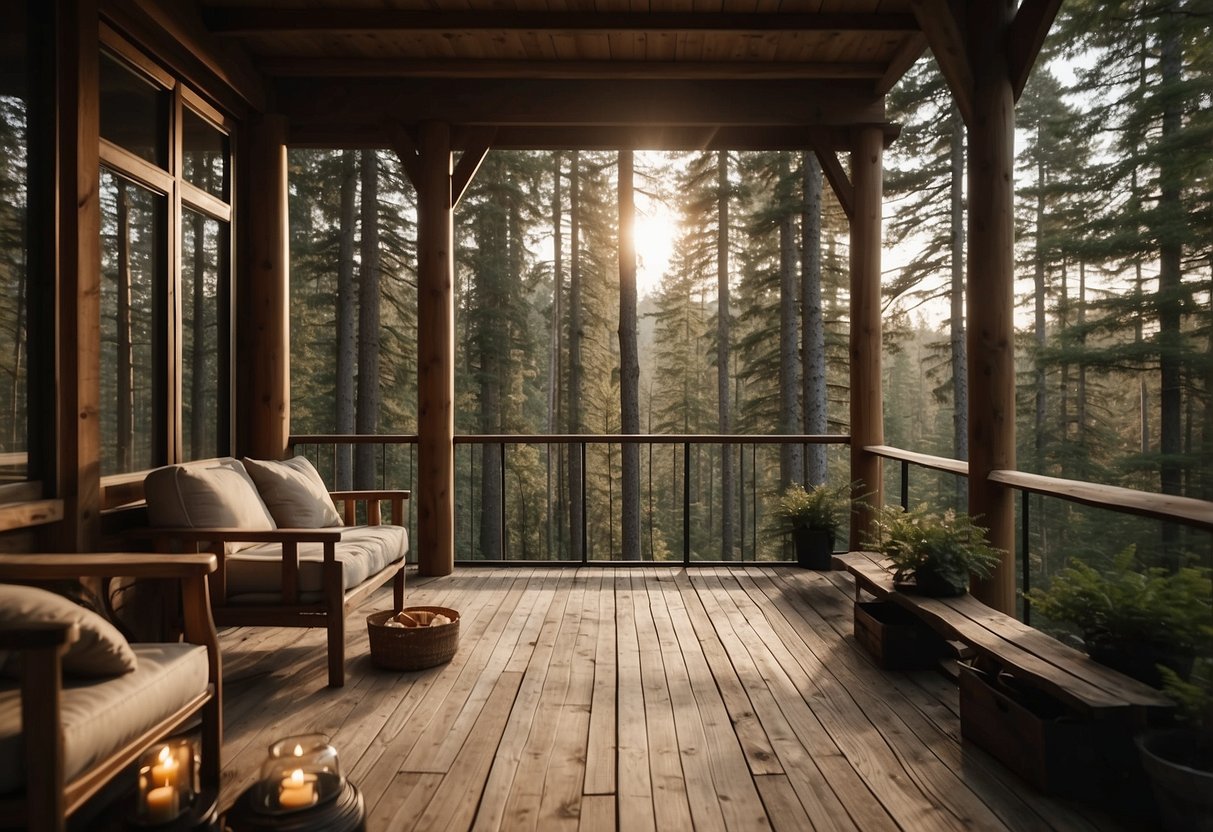 A cozy forest house nestled among tall trees, blending seamlessly into the natural landscape with a rustic exterior and a welcoming front porch