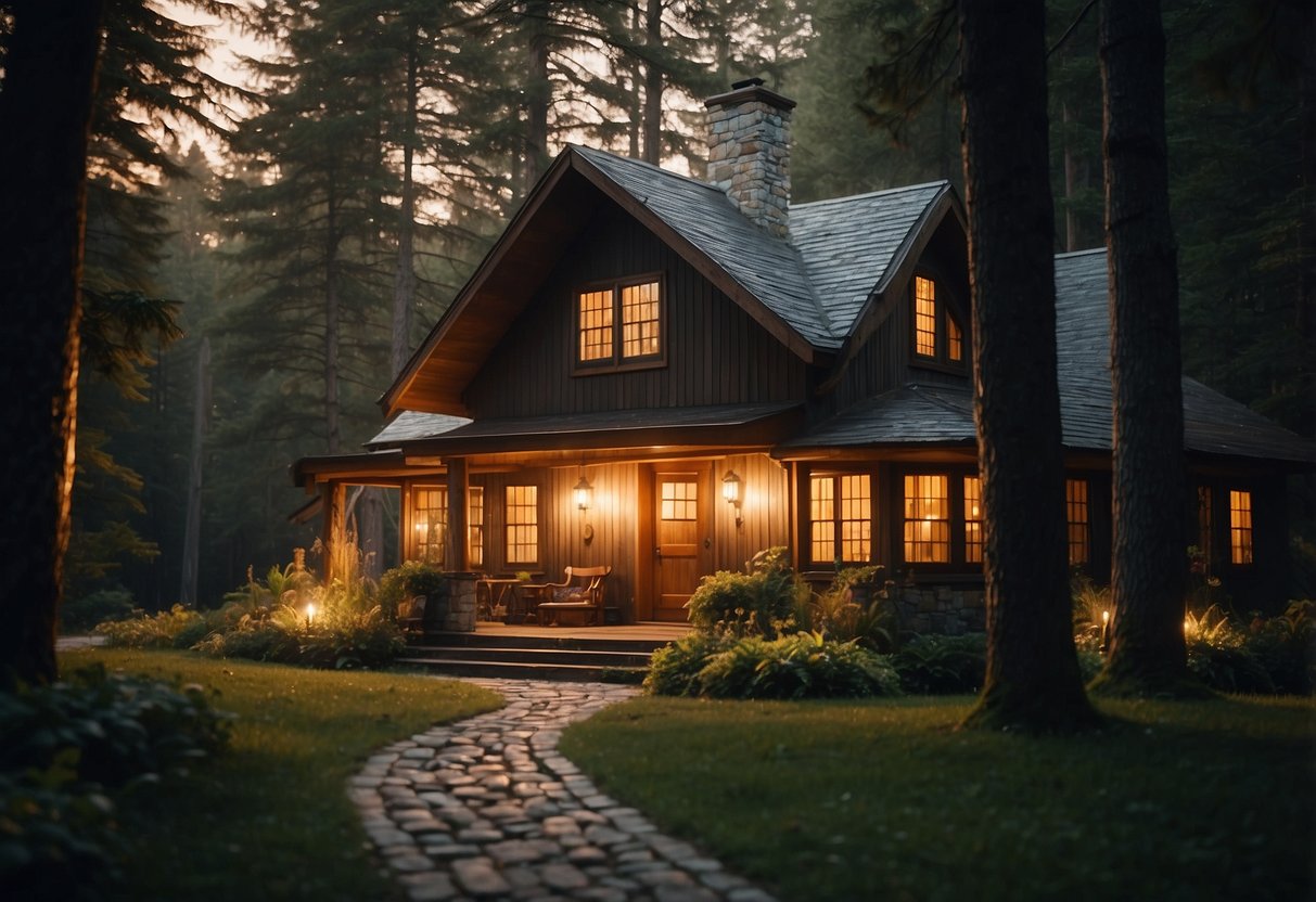 A cozy forest house nestled among tall trees, with a stone pathway leading to the front door and a warm glow emanating from the windows