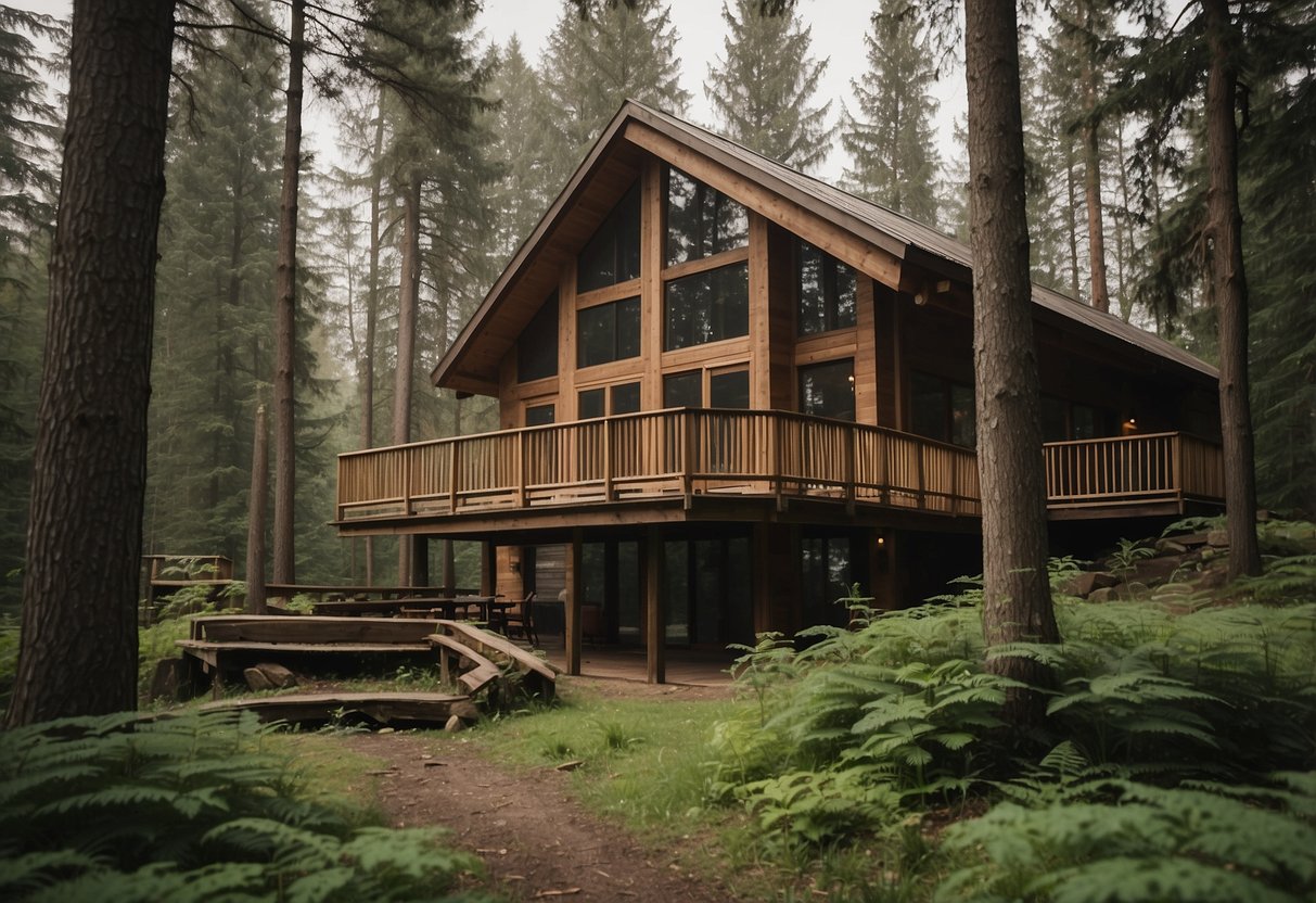 A forest house surrounded by tall trees, with a rustic exterior and a spacious interior. A large deck overlooks the forest, and there are ideas for expansion and renovation scattered around