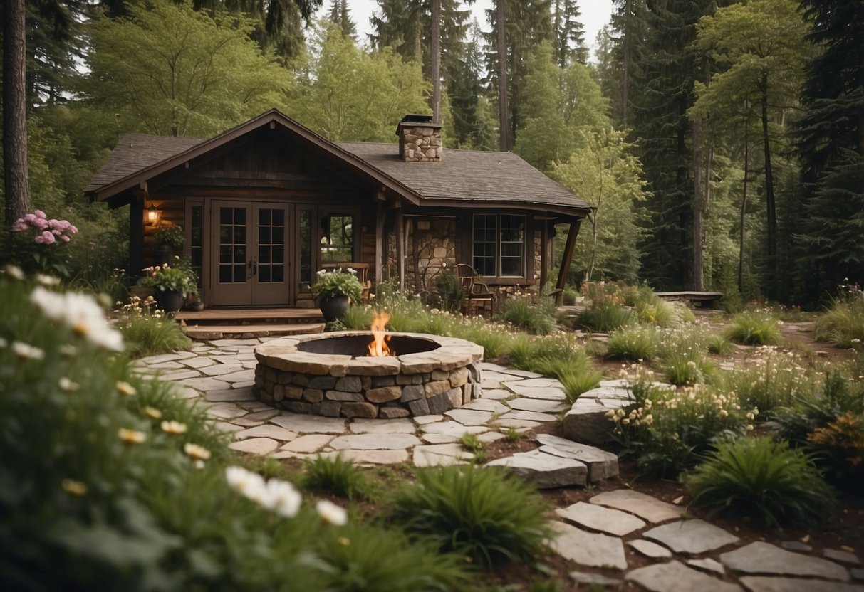 A cozy forest house surrounded by lush greenery, with a stone pathway leading to a rustic outdoor seating area and a fire pit. Tall trees and wildflowers frame the scene, creating a peaceful and natural setting