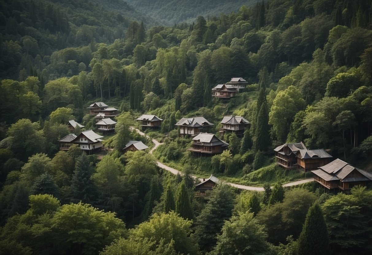 Lush forest landscape with various unique houses nestled among tall trees and winding paths