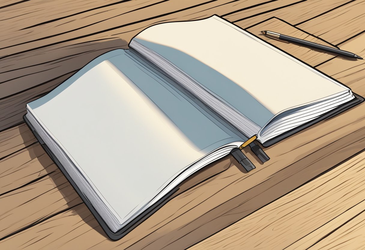 A plain A5 notebook lies open on a wooden desk, blank pages waiting to be filled