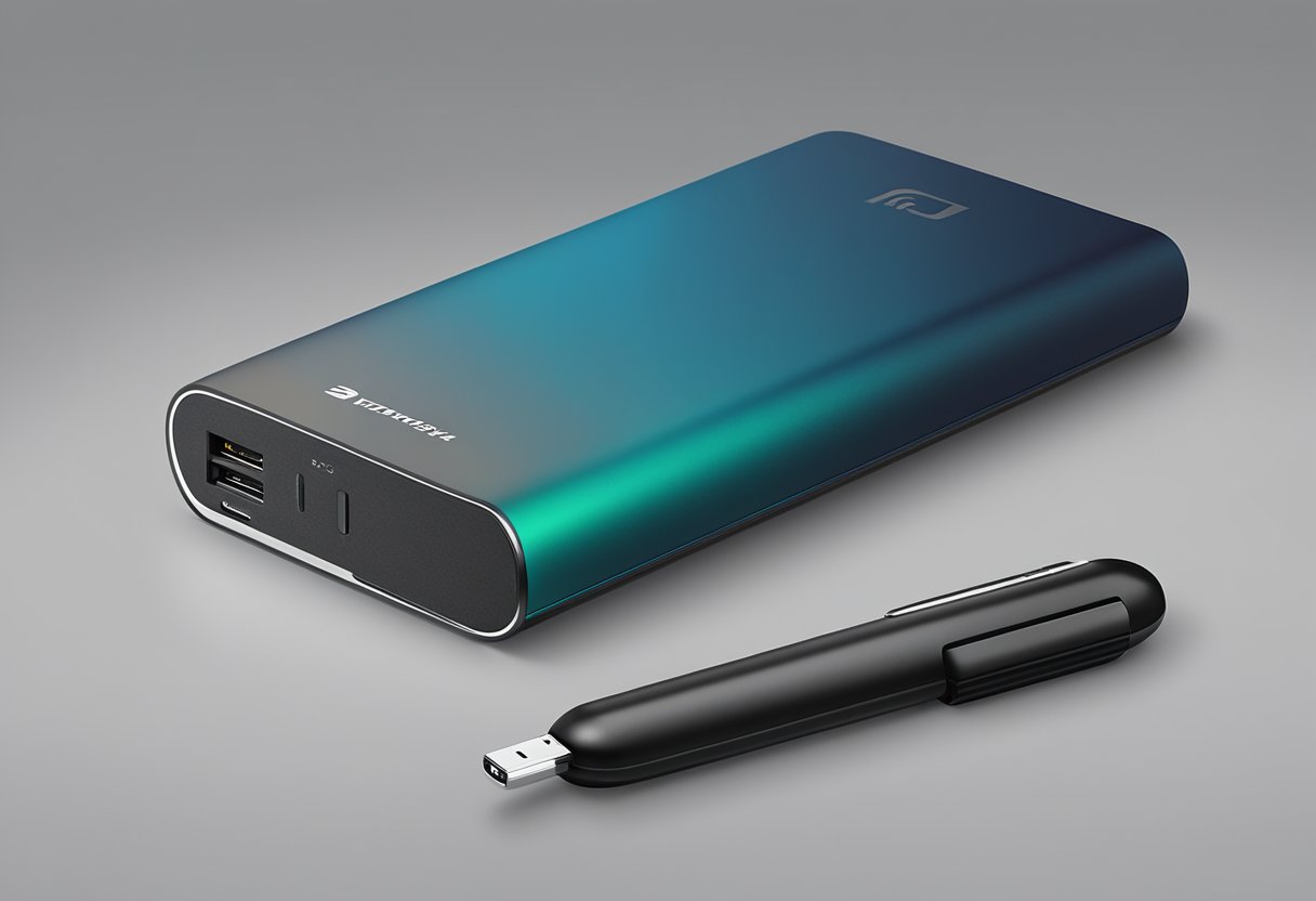 A sleek power bank with company logo sits on a desk, next to a branded notebook and pen. A phone is connected, charging