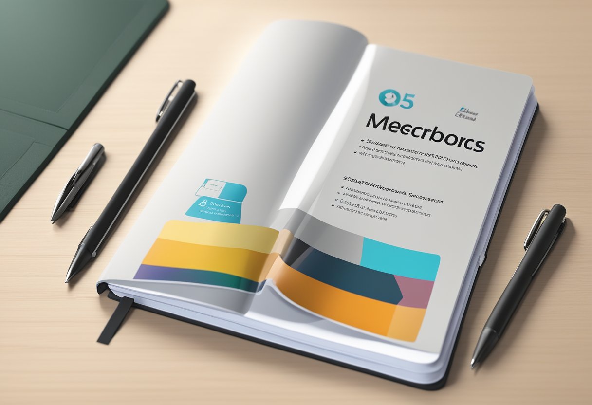 A plain A5 notebook with product specifications printed on the cover, lying open on a desk with a pen beside it