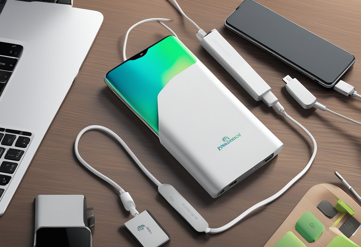 A sleek, modern power bank sits on a desk next to a branded company logo. The device is surrounded by various electronic gadgets, such as smartphones and tablets, showcasing its versatility and appeal as a corporate gift