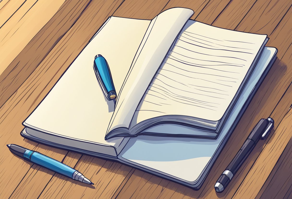 An A5 plain notebook sits open on a wooden desk, with a pen resting on its blank pages