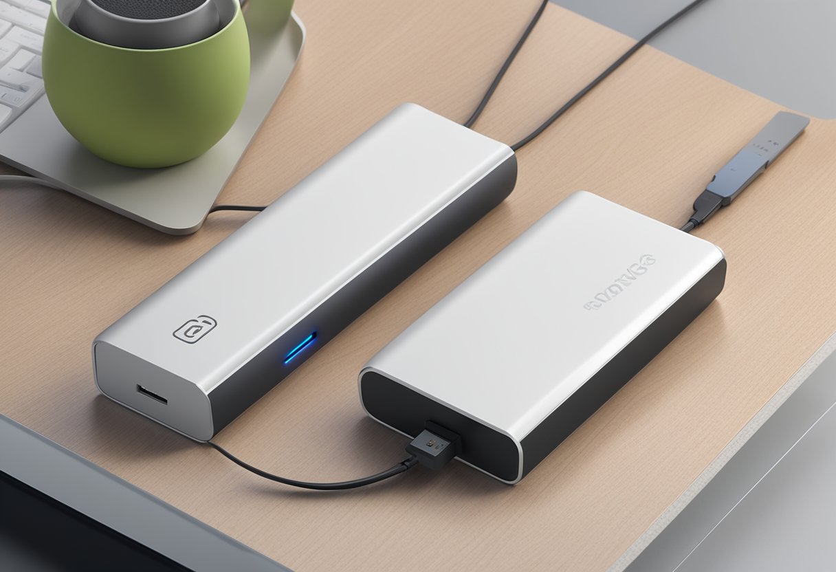 A sleek, modern power bank sits on a desk, with a focus on its innovative features and design considerations. The logo of a corporate brand is subtly embossed on the surface