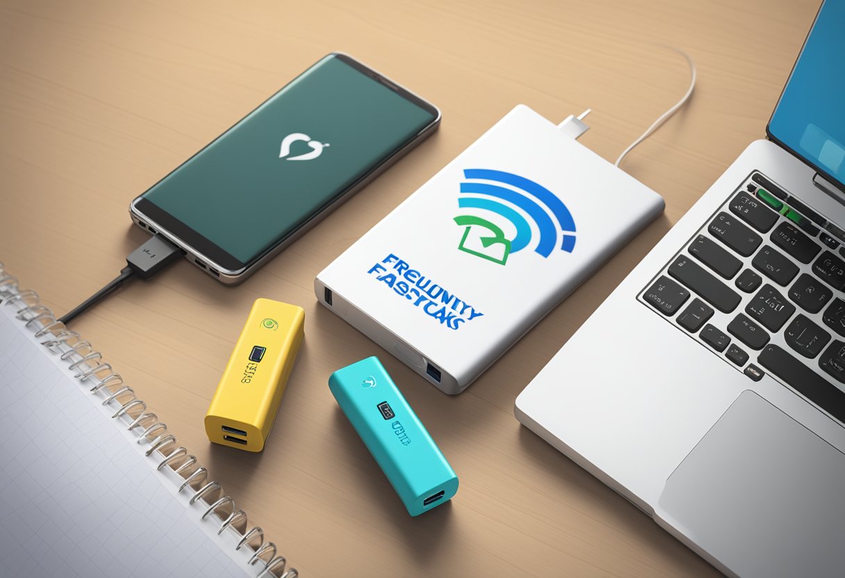 A power bank with "Frequently Asked Questions" logo sits on a desk next to a laptop and a stack of papers