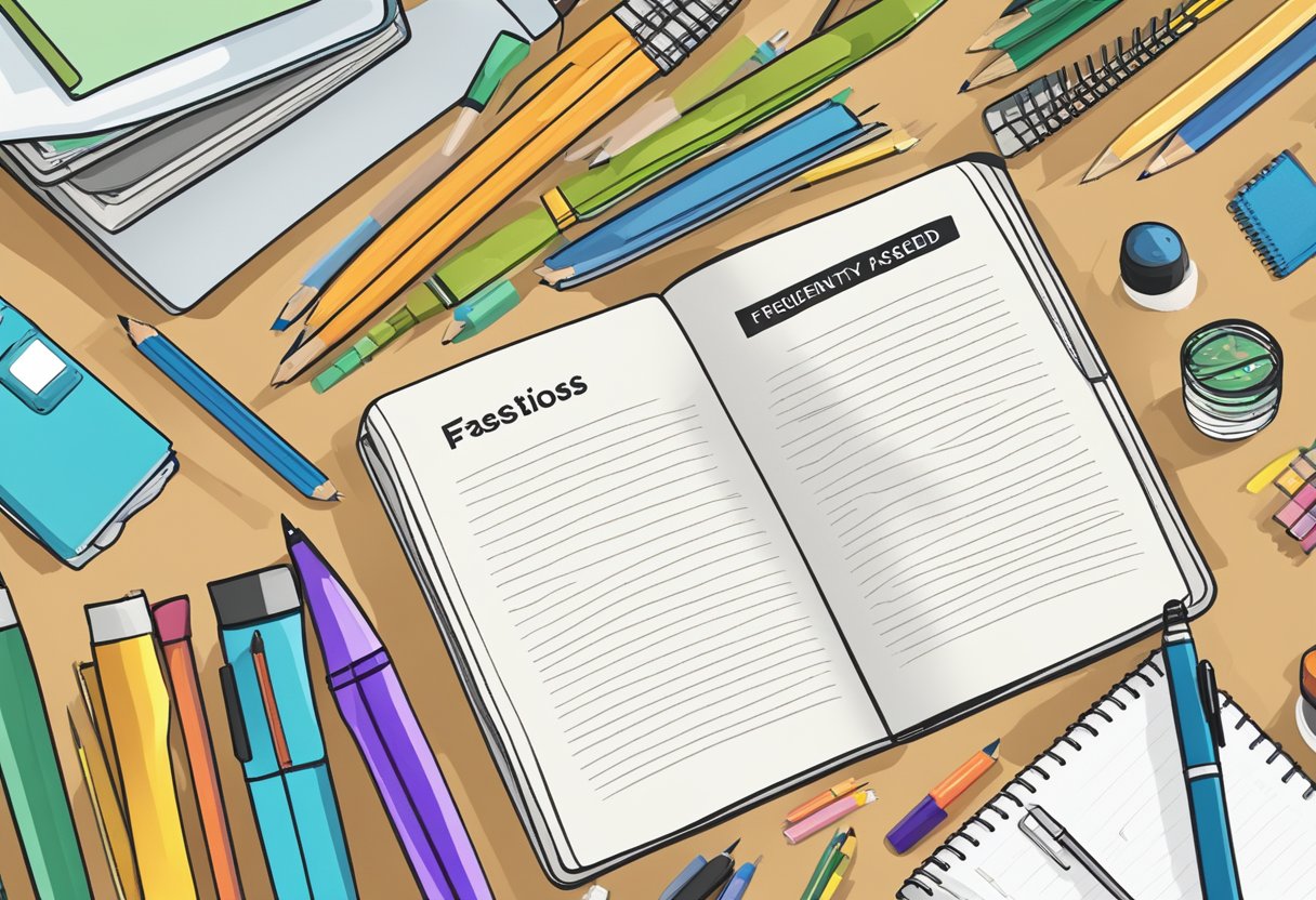 A plain A5 notebook labeled "Frequently Asked Questions" sits open on a desk, surrounded by pens and pencils