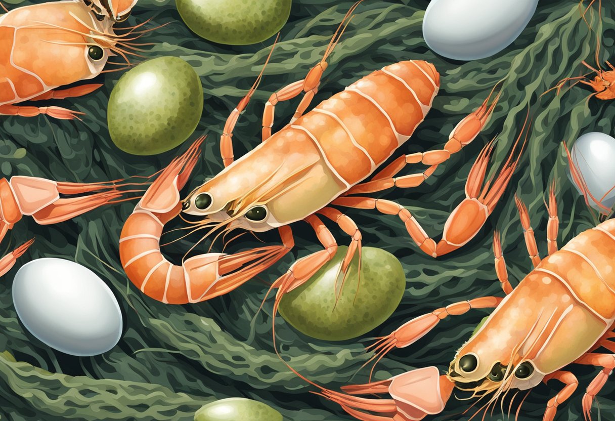 A pregnant prawn with eggs attached to her swimmerets, nestled in a bed of seaweed and surrounded by other prawns