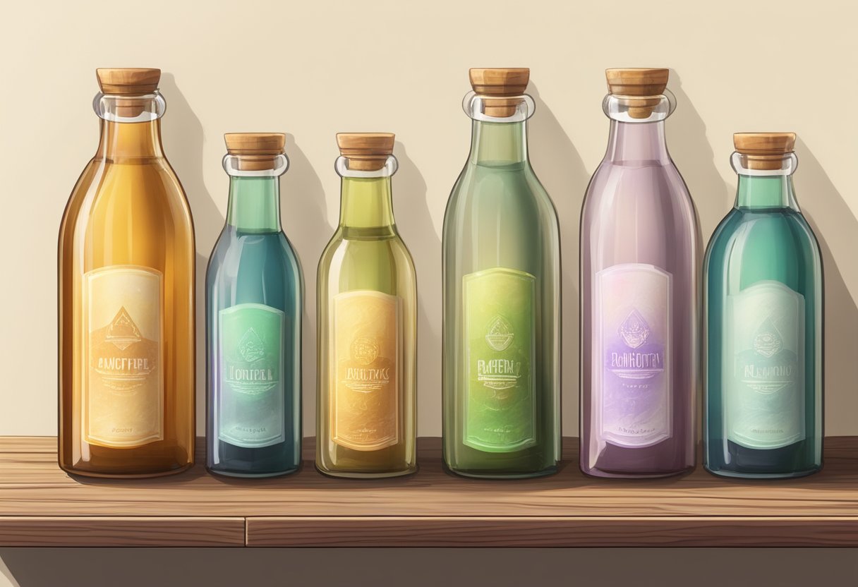 Glass bottles with printed labels arranged on a wooden shelf. Light filters through, casting colorful shadows