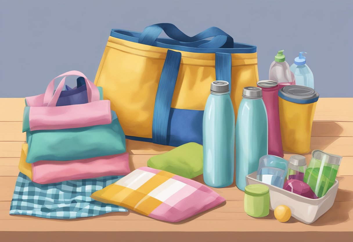 A colorful assortment of reusable gifts arranged on a table, including a metal water bottle, a fabric tote bag, and a glass food storage container