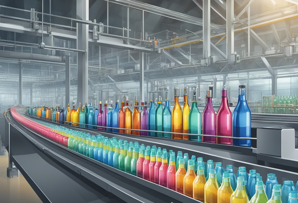 Vibrant glass bottles on a conveyor belt in a modern production facility. Machinery and workers in the background