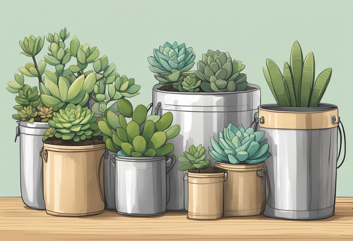 A table with reusable gifts: cloth tote bags, stainless steel water bottles, glass jars, and metal straws. Planters with succulents and a compost bin in the background