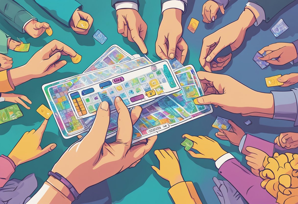 A hand holding a scratch card, revealing a vibrant design underneath. A crowd gathers around, eagerly participating in the interactive engagement activity