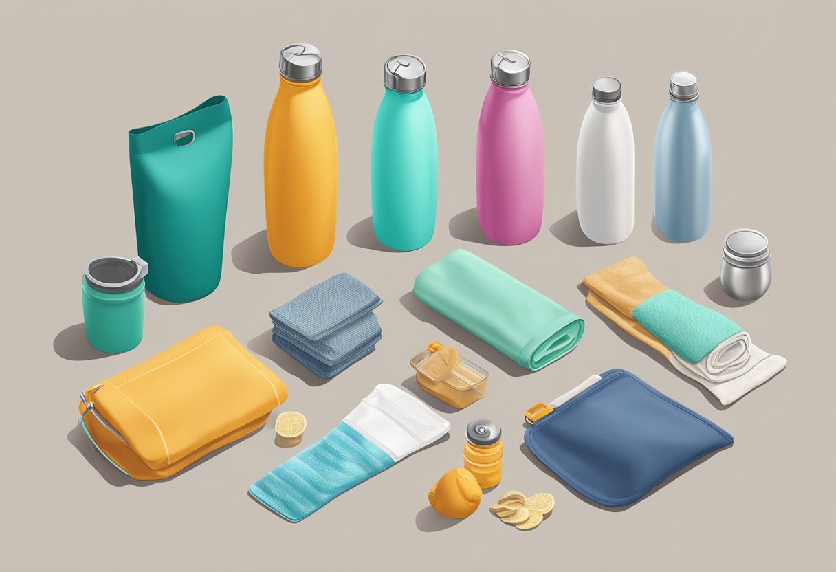 A variety of reusable gift items, such as a stainless steel water bottle, cloth shopping bags, and silicone food storage bags, arranged on a table