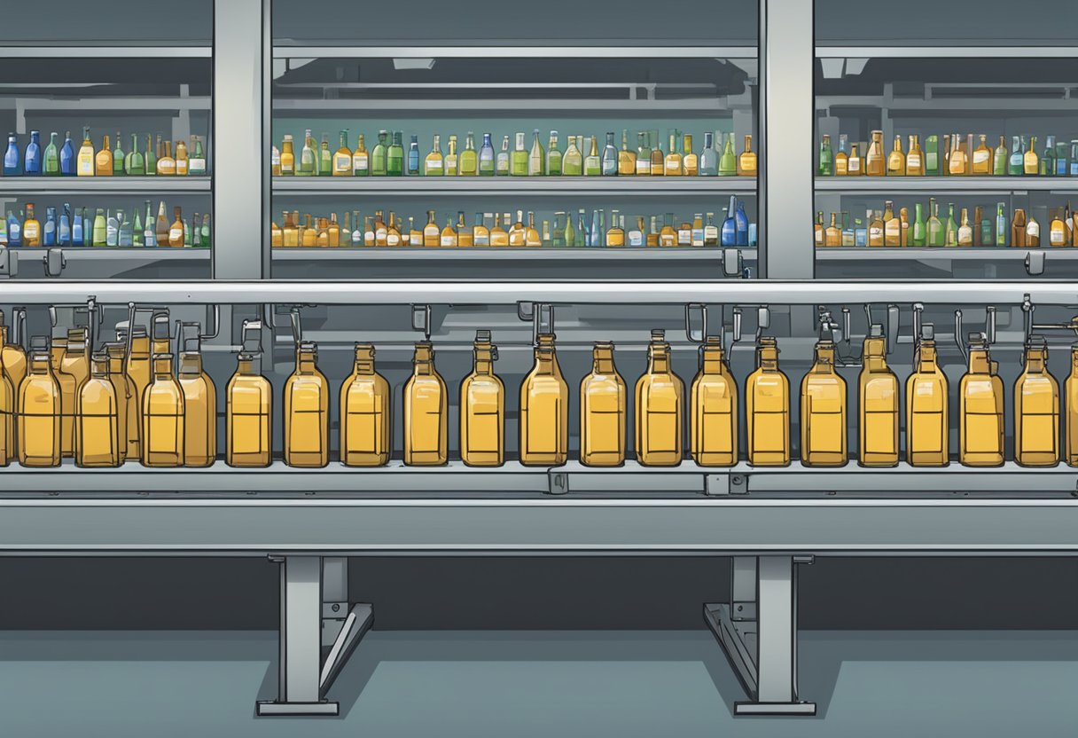 Glass bottles labeled "Supply Chain" and "Customer Service" arranged on a conveyor belt