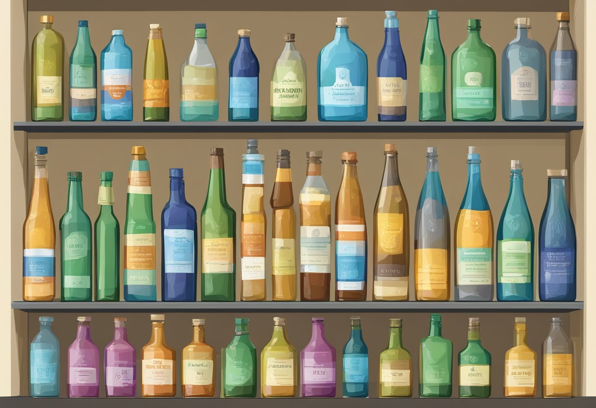 Glass bottles with "Frequently Asked Questions" printed on labels. Labels are clear and easy to read. Bottles are neatly arranged on a shelf