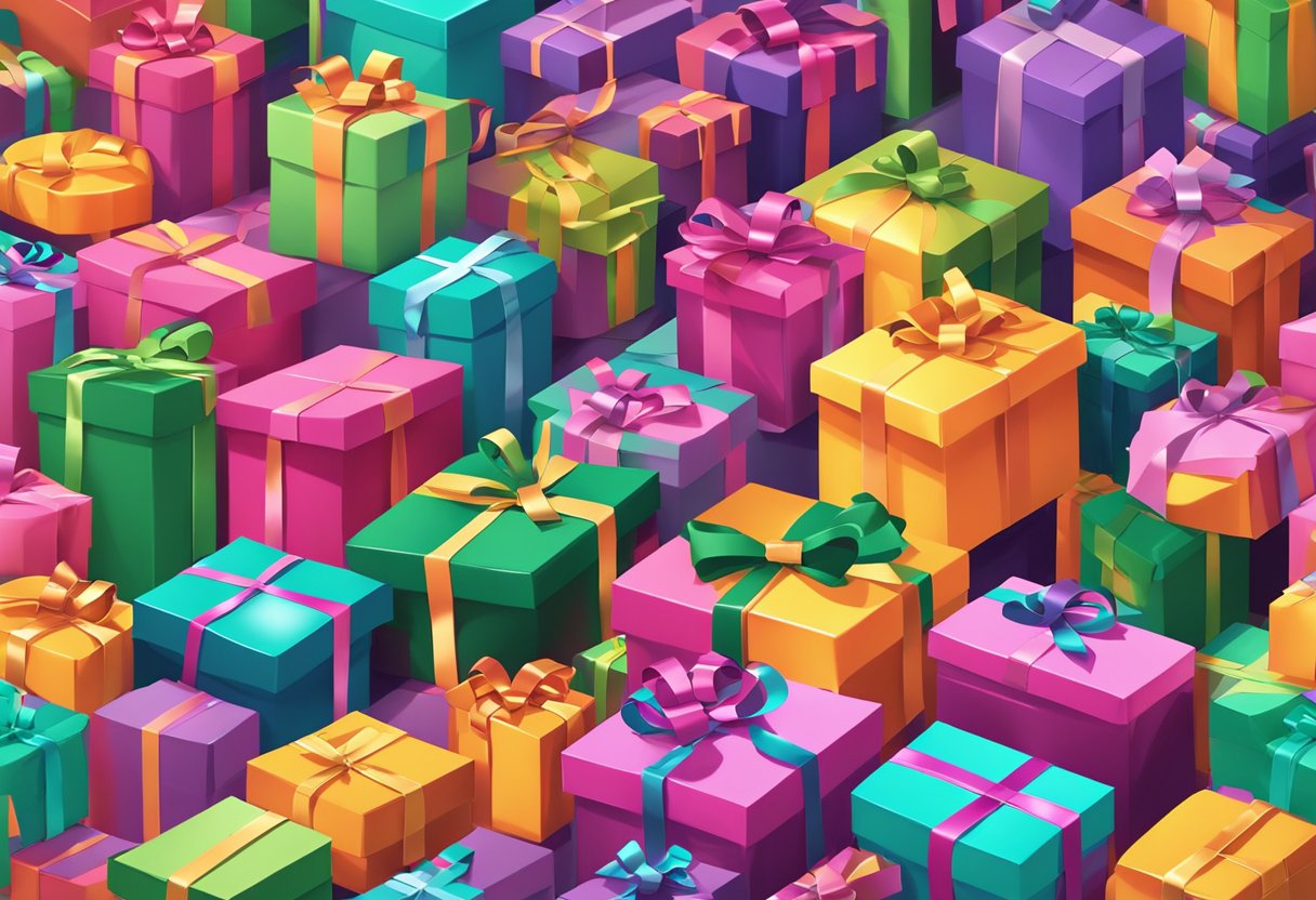 A stack of reusable gifts surrounded by question marks