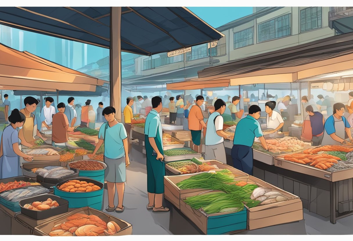 A bustling seafood market in Singapore, with colorful stalls and fresh catches on display. Customers haggle with vendors, while the aroma of grilled seafood fills the air