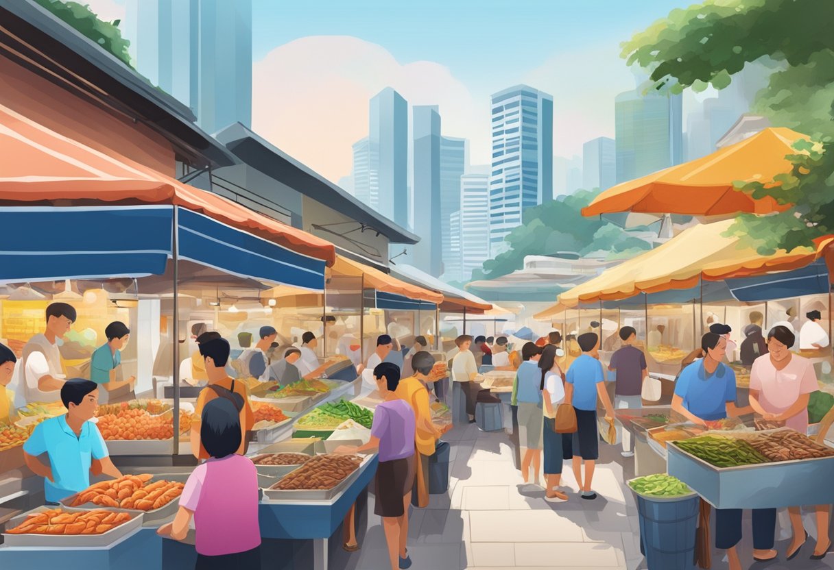 A bustling quayside with colorful seafood stalls and a crowd of curious customers in Singapore