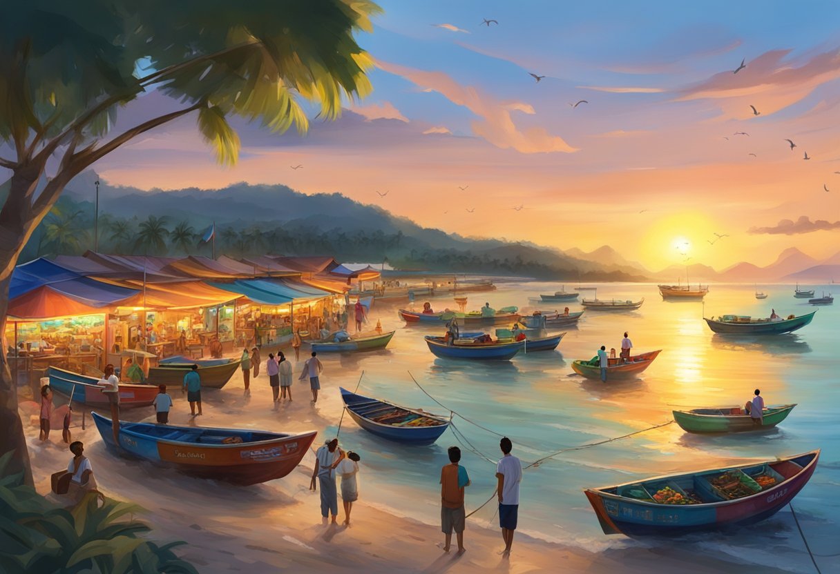 The sun sets over Rawai Beach, casting a warm glow on the colorful fishing boats and bustling seafood market. Waves gently lap at the shore as seagulls circle overhead
