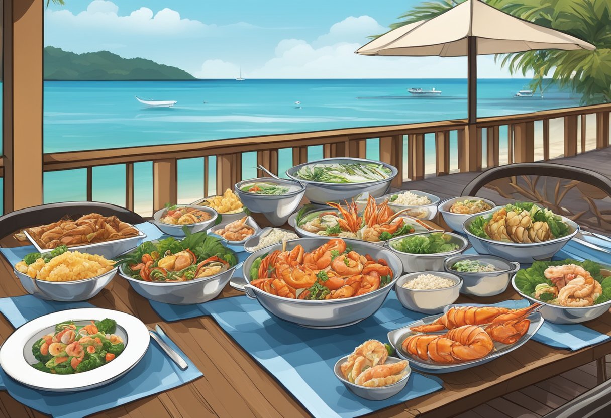A table set with a variety of fresh seafood dishes on a beachside restaurant overlooking the ocean at Rawai Beach, Singapore