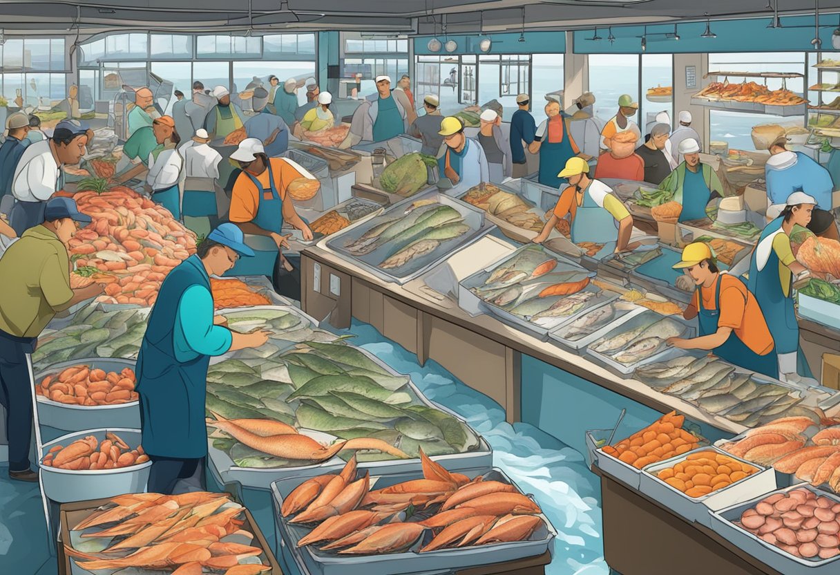 A bustling seafood market with fresh catches displayed on ice, vibrant signs, and busy customers selecting their favorite seafood