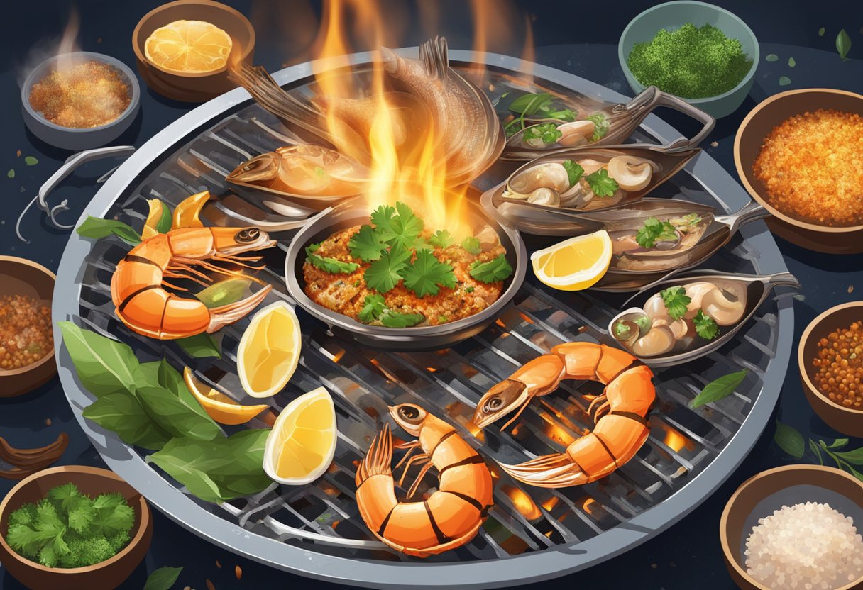 Sizzling rawa seafood being grilled over an open flame, with spices and herbs sprinkled on top