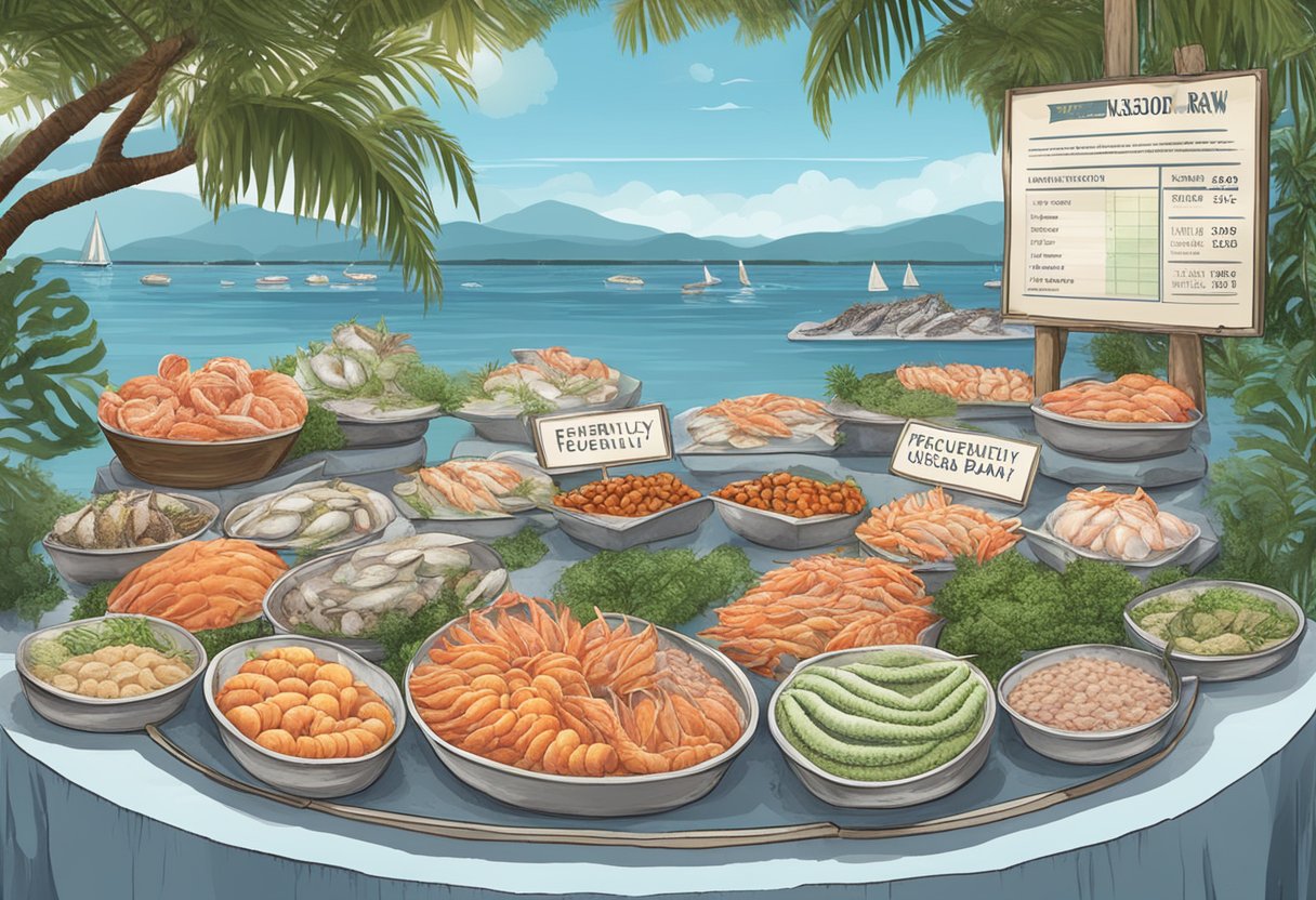 A display of various raw seafood items arranged neatly on ice with a sign reading "Frequently Asked Questions rawa seafood" in the background