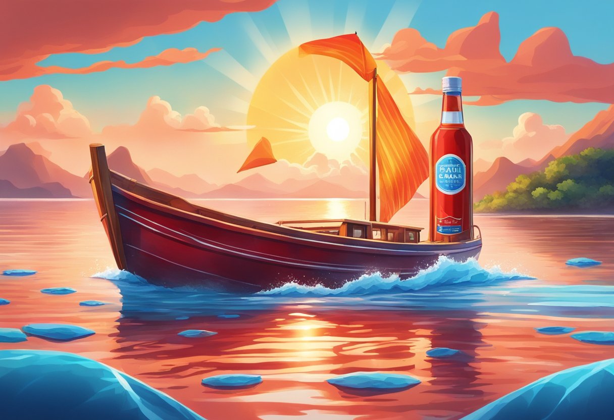 A vibrant red boat sails through crystal blue waters, with the sun casting a warm glow on the bottle of Red Boat Fish Sauce