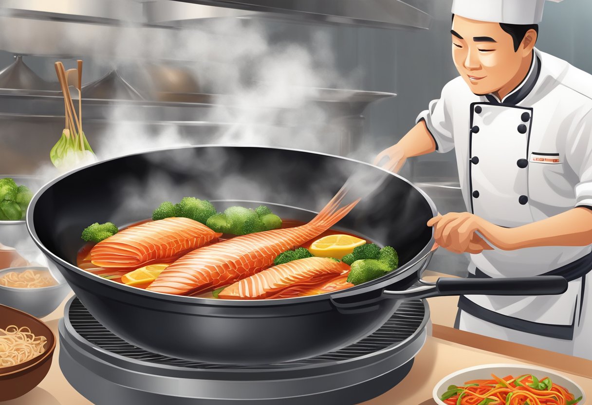 A chef pours red boat fish sauce into a sizzling pan of stir-fry, enhancing the aroma and flavor of the dish