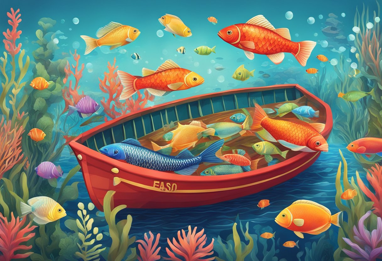 A red boat labeled "Frequently Asked Questions fish sauce" floats on calm water, surrounded by colorful fish and vibrant underwater flora