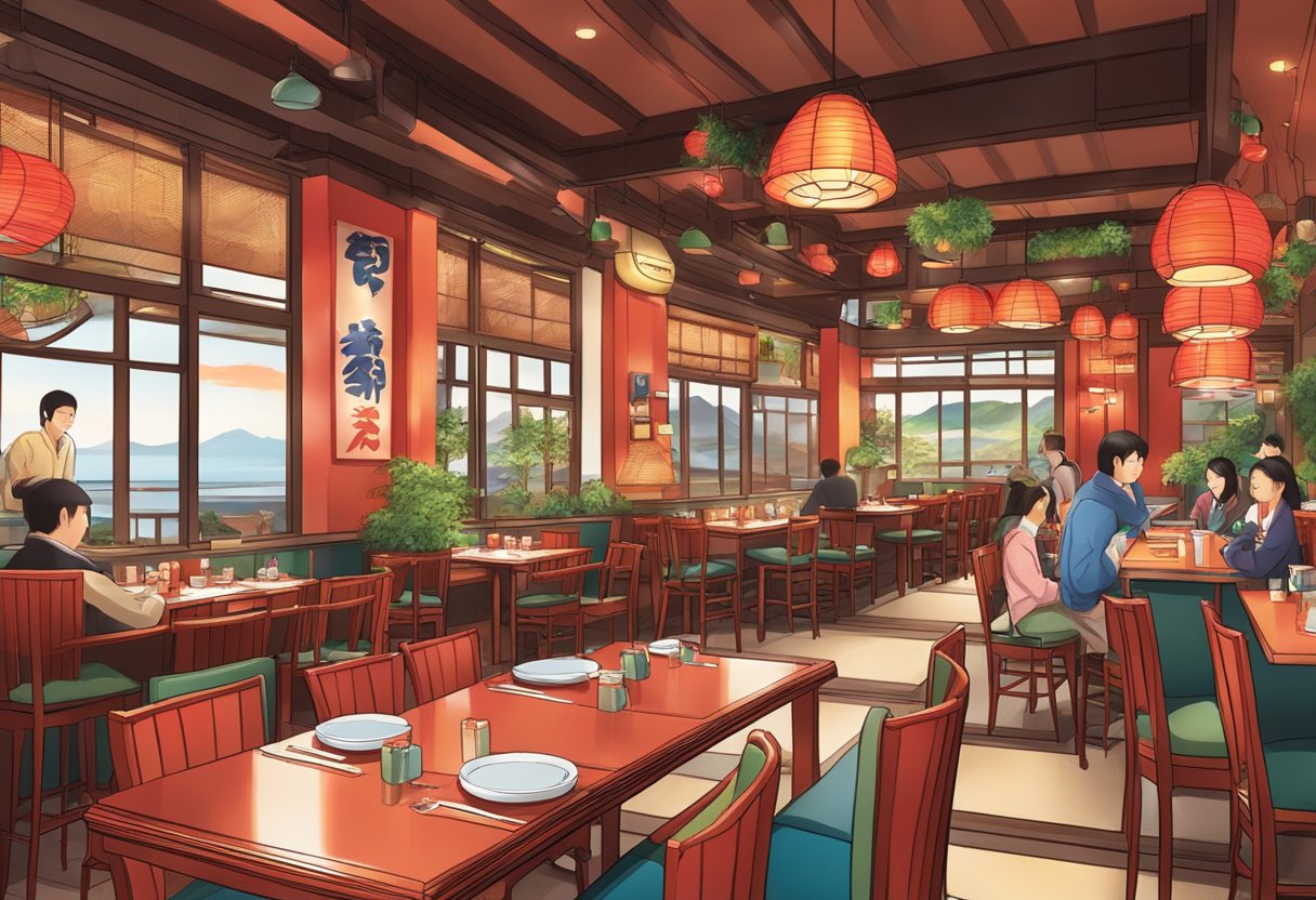 A bustling Red Lobster restaurant in Japan, with colorful decor and a lively atmosphere
