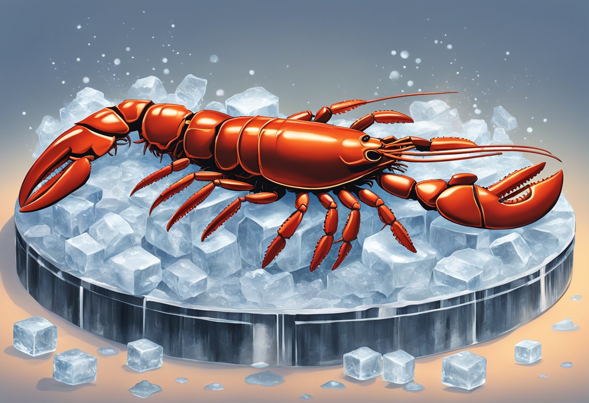 A red lobster sits atop a bed of ice, surrounded by Japanese kanji characters. The pricing and quality sign is prominently displayed in the background