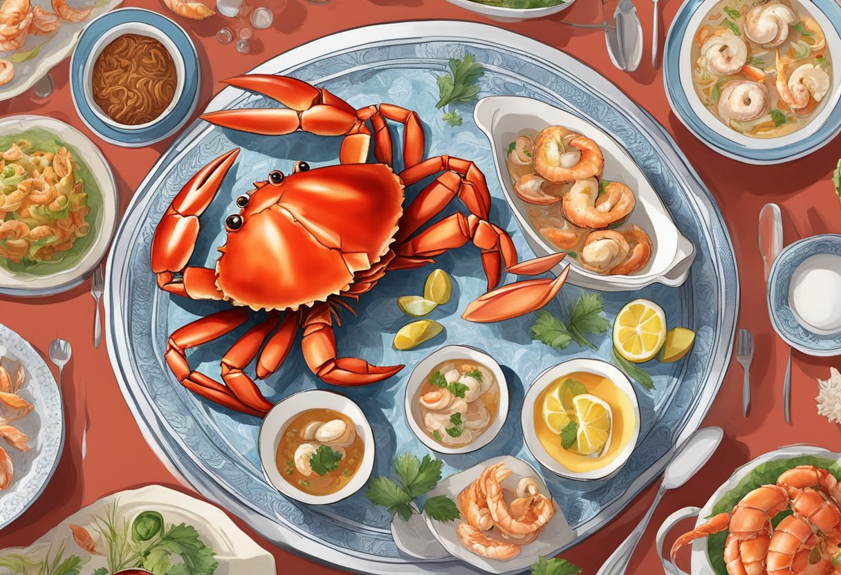 A red crab sits atop a menu, surrounded by seafood dishes
