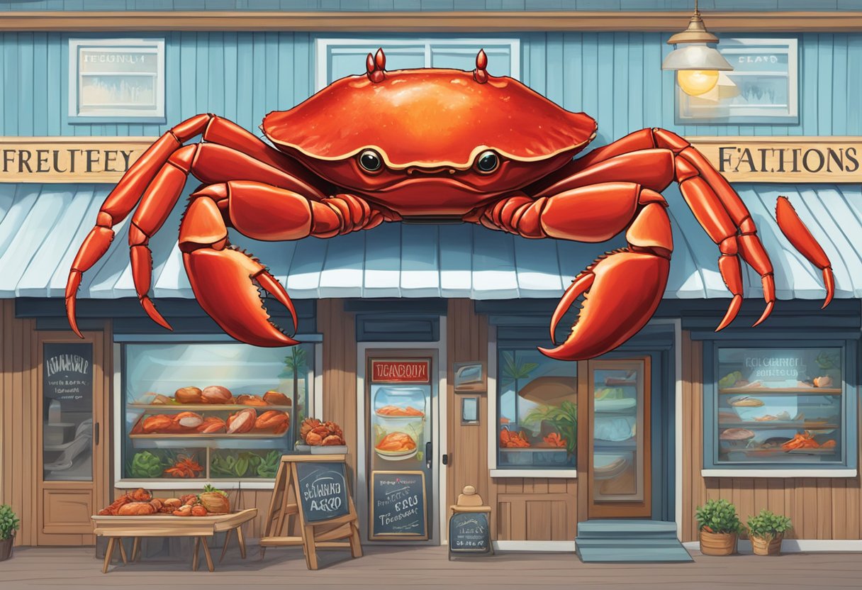 A vibrant red crab sits atop a wooden sign that reads "Frequently Asked Questions" outside a bustling seafood house. The aroma of fresh seafood fills the air as customers come and go