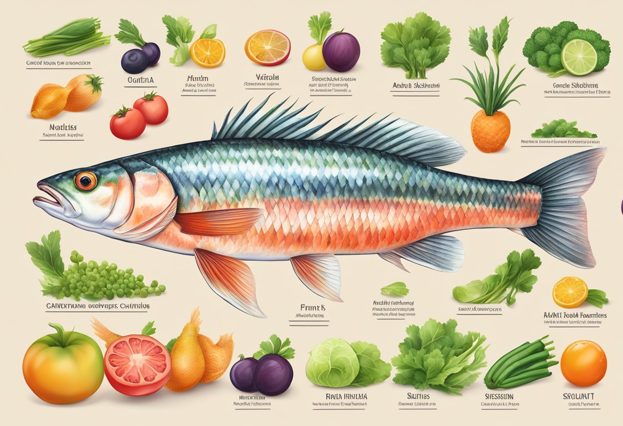 A red mullet fish surrounded by various fruits and vegetables, with a label listing its nutritional profile and health benefits
