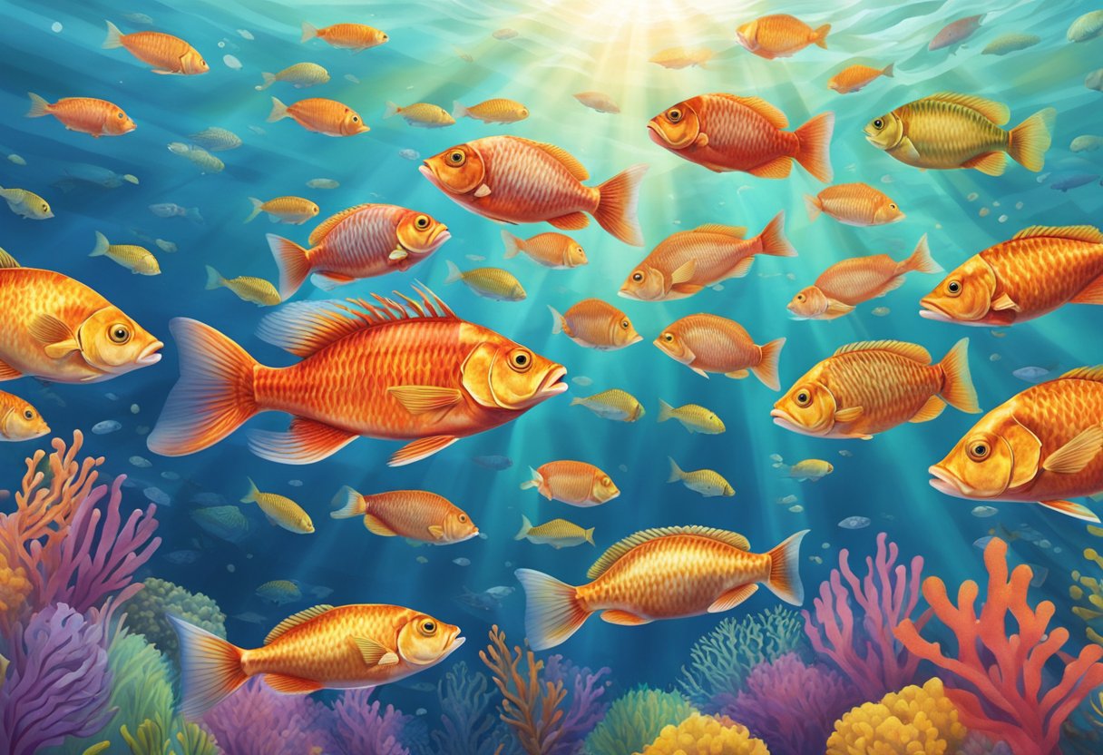 A red mullet fish swimming among a school of vibrant, colorful fish in a clear, sunlit ocean