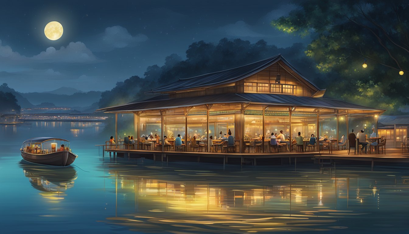 A floating seafood restaurant in Singapore, ambient with the glow of fireflies, nestled in the tranquil beauty of the Bujang River