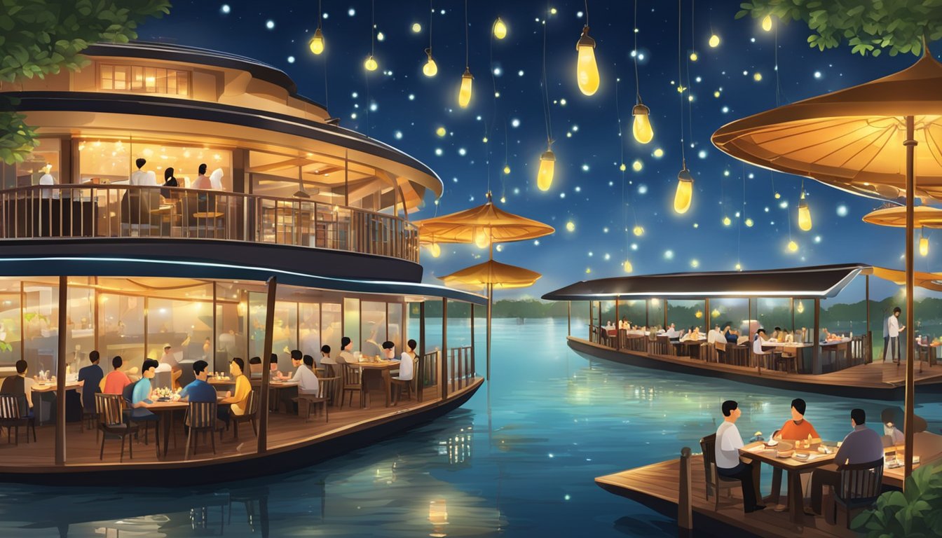 A floating seafood restaurant in Singapore, with a view of fireflies, offers a menu of fresh seafood