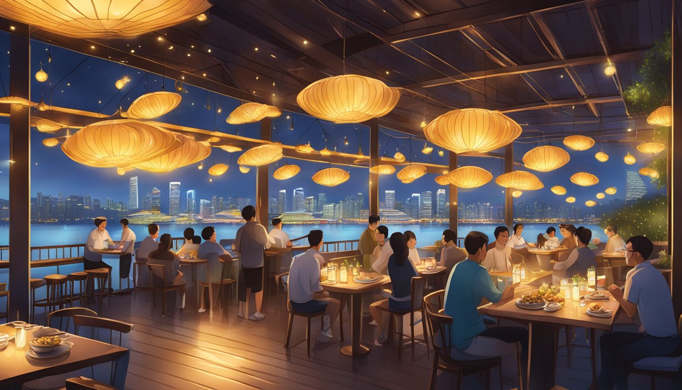 A floating seafood restaurant in Singapore with firefly lights, depicting a bustling atmosphere with a view of the city skyline