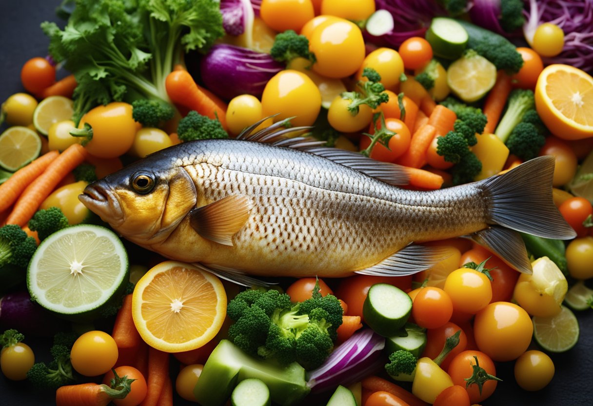 A golden-brown fish lies on a bed of colorful vegetables, steam rising from its crispy skin