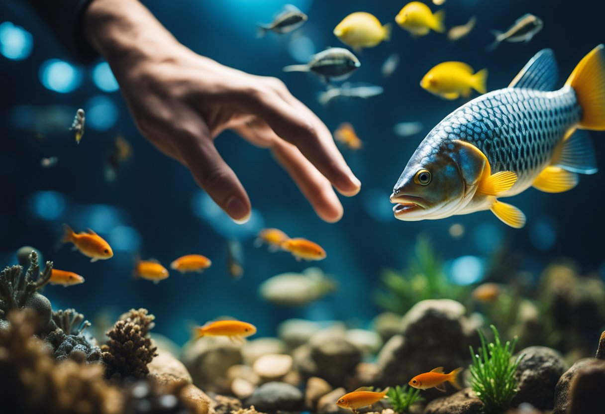 A hand reaches for a large, shiny fish from a display of various types, with scales catching the light