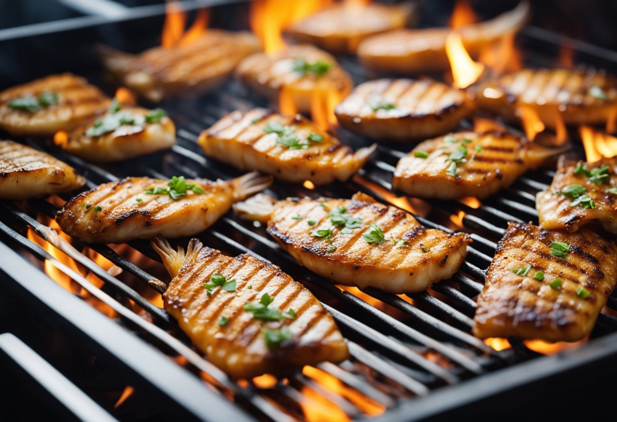 A fish sizzling on a hot grill, emitting a savory aroma as it turns golden brown and crispy