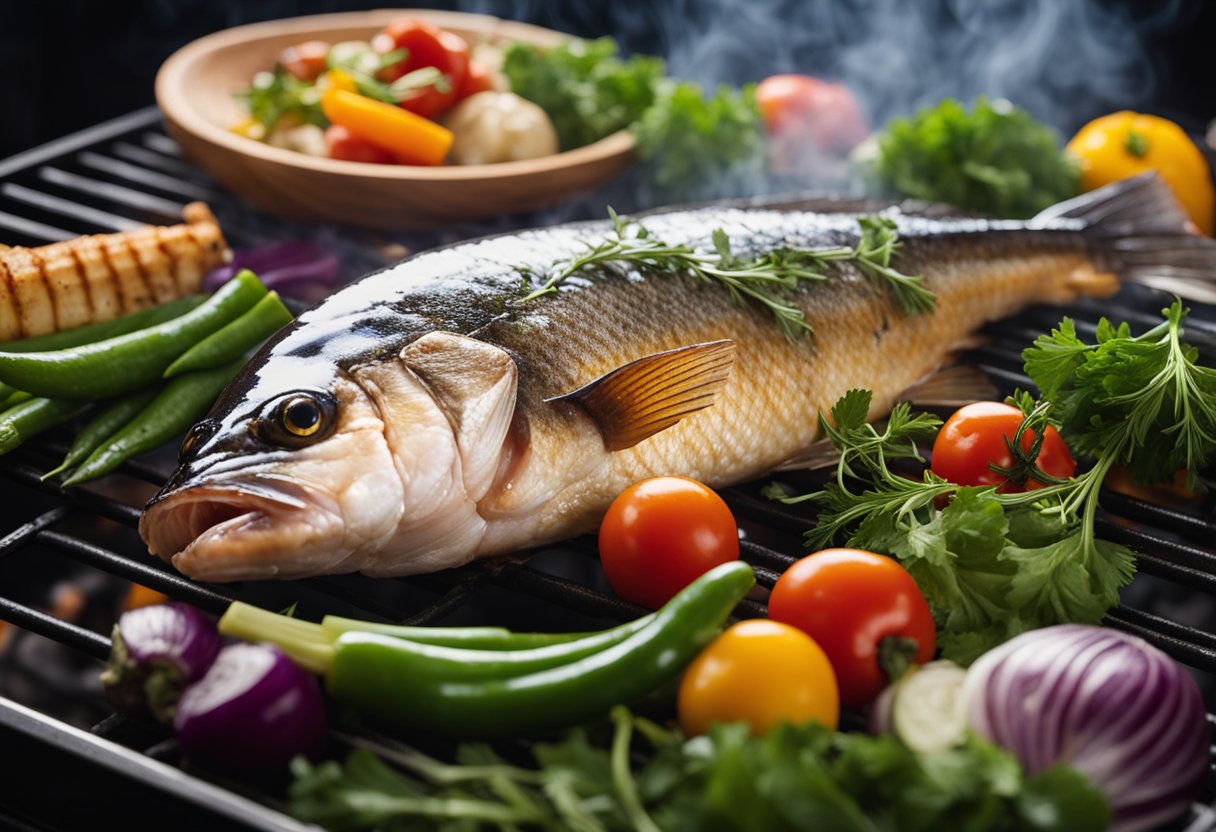 A whole fish sizzling on a grill, surrounded by colorful vegetables and herbs, with fragrant smoke rising into the air